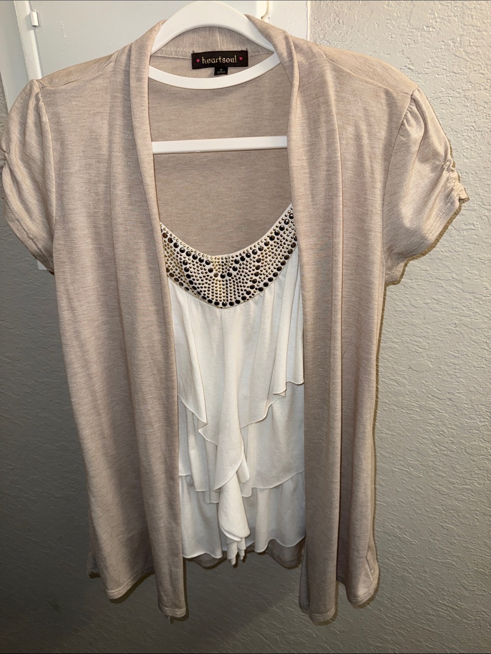 HeartSoul Beige Open Cardigan with Ivory Beaded Ruffle Tank